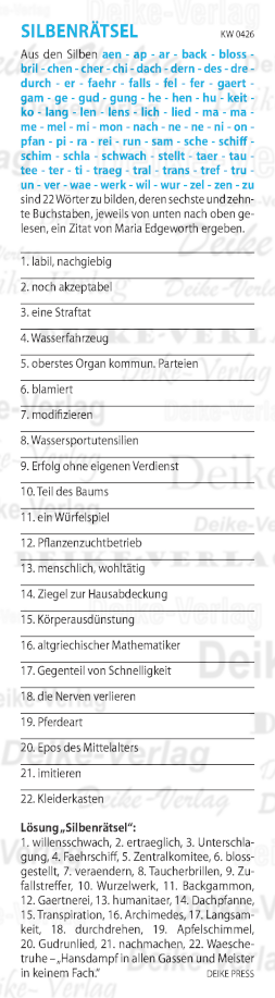 Hansdampf in allen Gassen und Meister in keinem Fach - Silbenrätsel KW 0426