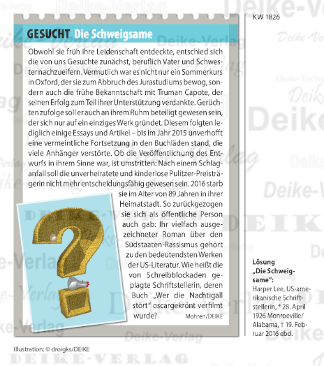 Harper Lee (Personenrätsel ) KW 1826