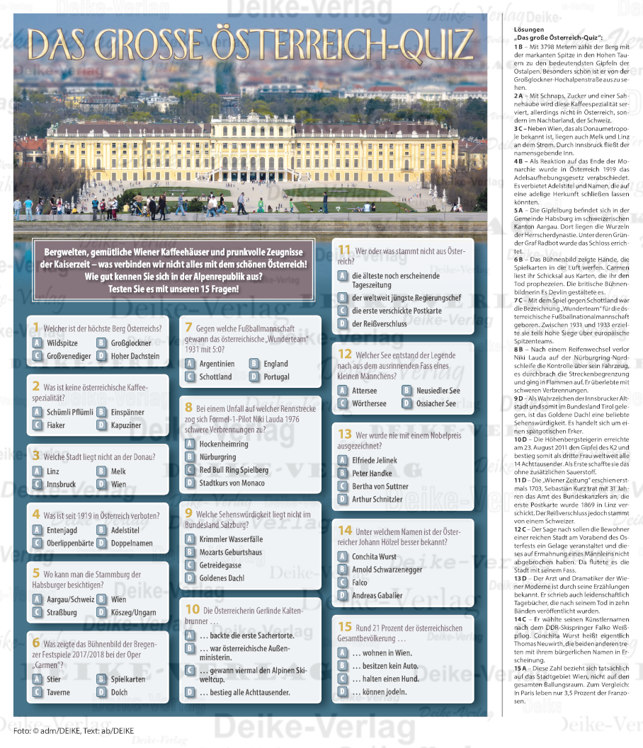 Österreich - Quiz mit 15 Fragen