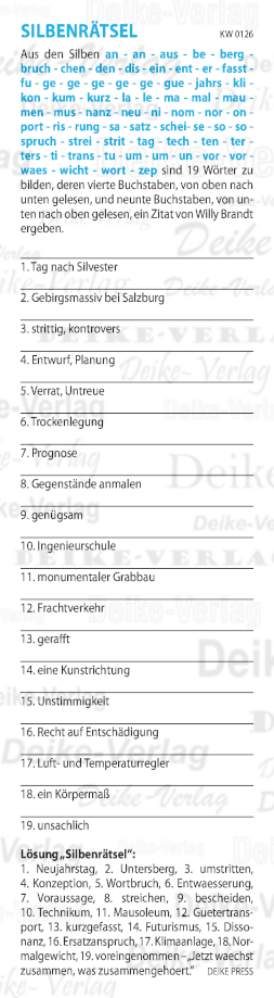 Jetzt wächst zusammen, was zusammengehört - Silbenrätsel KW 0126