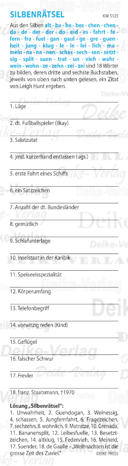 Weihnachten ist die grosse Zeit des Zuviel - Silbenrätsel KW 5125