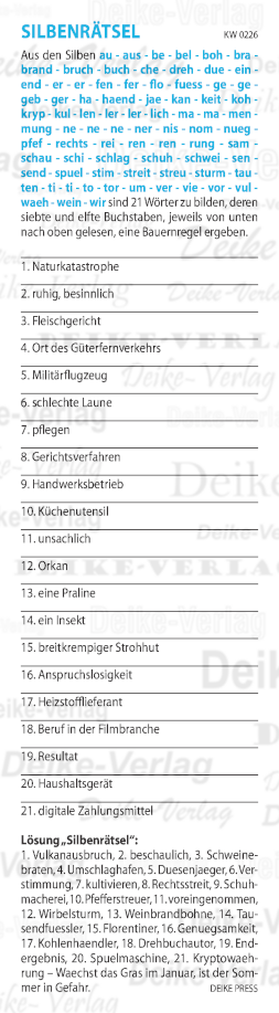 Wächst das Gras im Januar, ist der Sommer in Gefahr - Silbenrätsel KW 0226